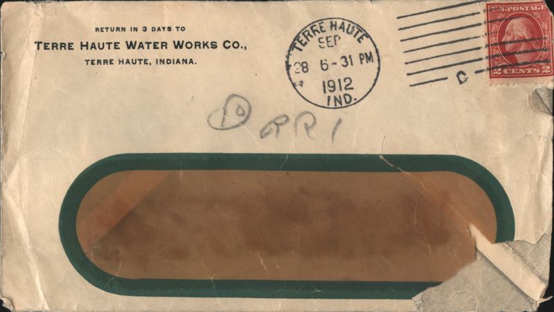 Terre Haute Water Works Co. Window Envelope, 1912 Indiana