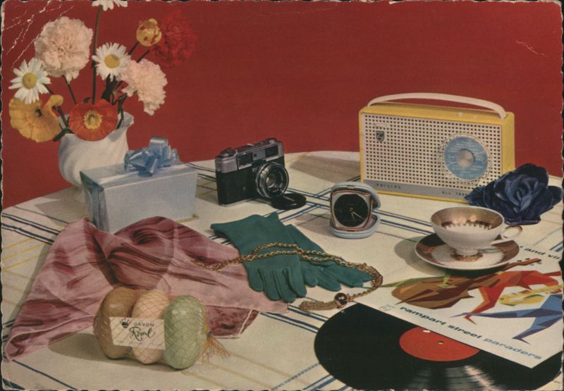 Mid-Century Still Life with Philips Radio, Camera, and Gifts