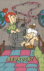 Pebbles and Bamm-Bamm Jumping on a Bed in Bedrock Postcard