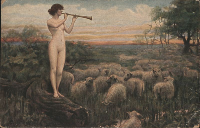 Schäferin: Nude Woman Playing Flute with Sheep