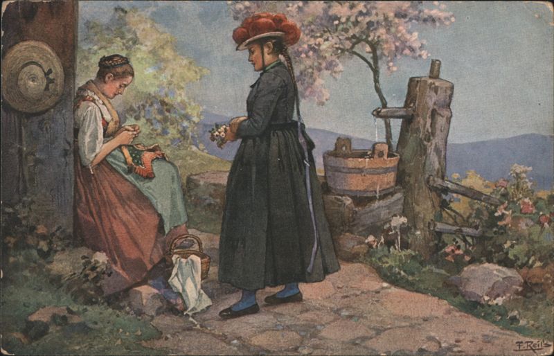 Black Forest Life, Two Women in Traditional Attire by Water Pump