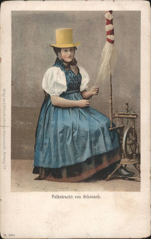Woman in Schonach Folk Costume with Spinning Wheel Germany