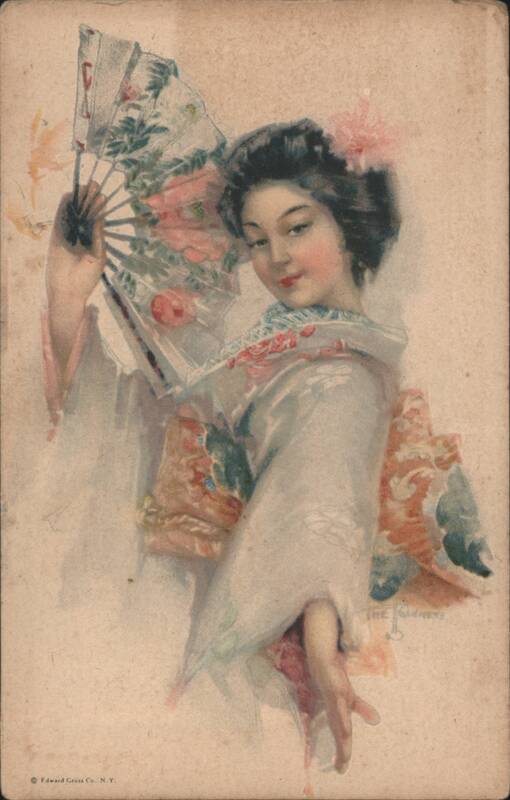 Japanese Woman in Kimono with Floral Fan and Pink Hair Flower