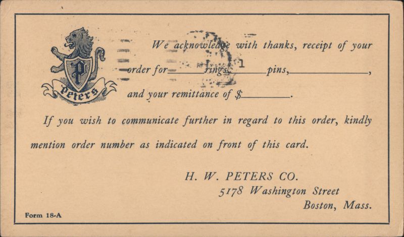 H. W. Peters Co. Order Acknowledgment for Rings and Pins Boston Massachusetts