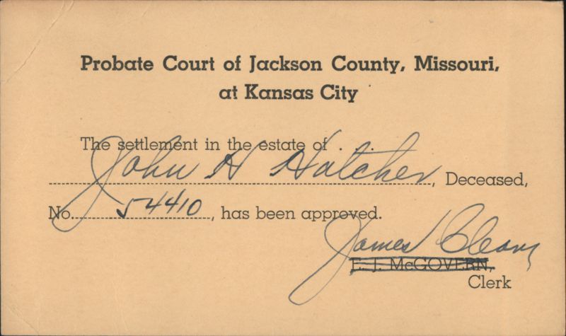 Probate Court Document for John A. Hatcher Estate, Kansas City, MO Missouri