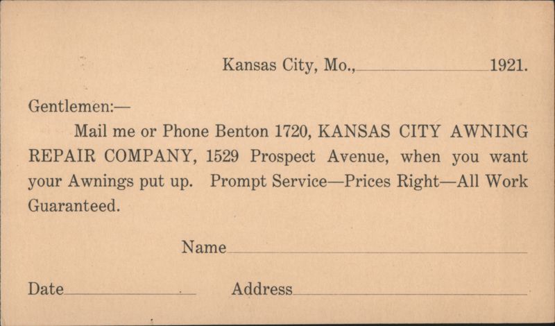 Kansas City Awning Repair Company Advertising Card, 1921 Missouri