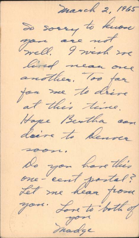 Handwritten Message from Madge Y. Olson to Maud Reed, 1965