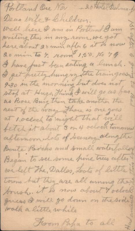 Papa's Handwritten Travel Letter from Portland, Oregon, 1920