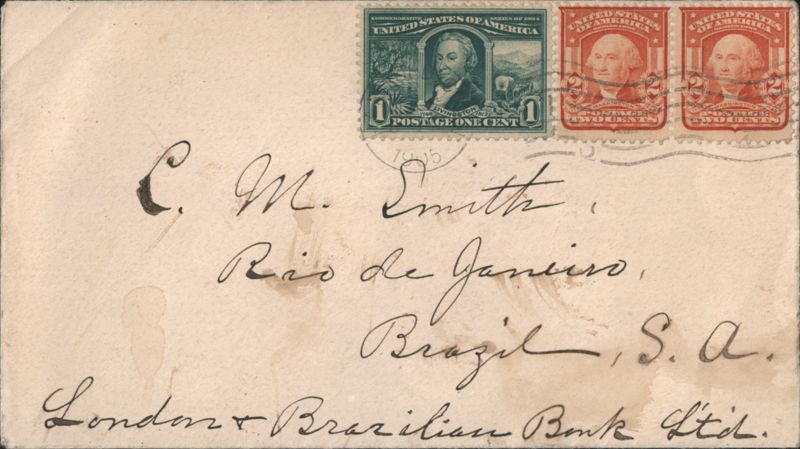 US Envelope to Rio de Janeiro, Brazil with Washington Stamps, 1905