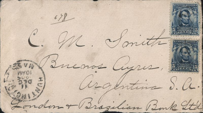 1891 Envelope with US Lincoln 5-cent Stamps to Buenos Aires, Argentina