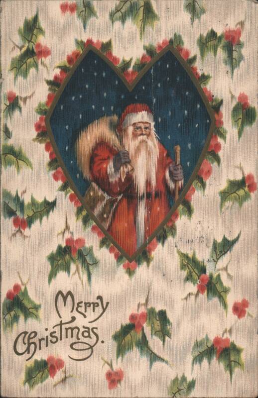 Santa Claus in Heart Frame with Holly, Merry Christmas Greeting