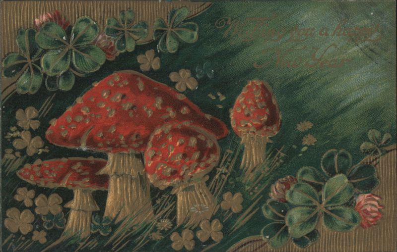 Red Mushrooms & Four-Leaf Clovers, Happy New Year Greeting