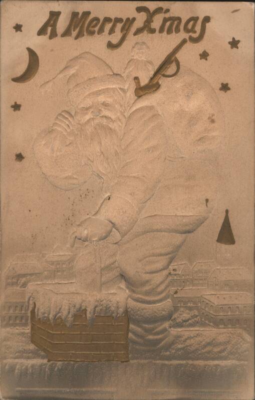 A Merry Xmas Embossed Santa Claus Delivering Gifts in Snowy Town