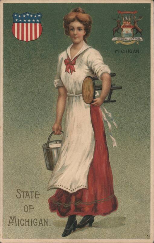 Michigan State Girl with Bucket & Stool, US Flag & State Seal