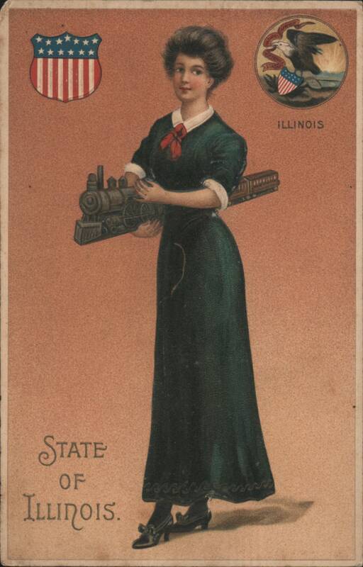 Woman Holding Toy Train, Illinois State Seal & US Flag Shield