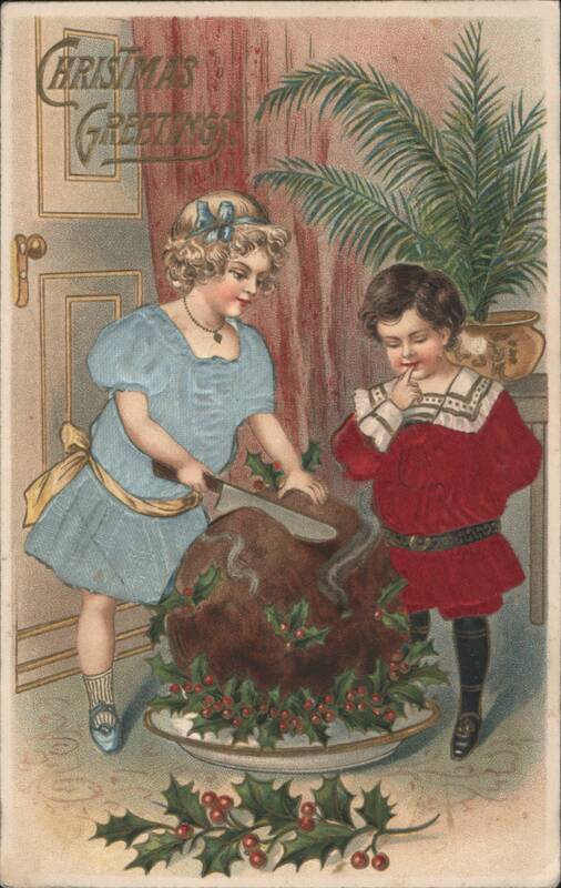 Christmas Greetings with Children Cutting Pudding