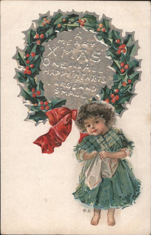 Girl with Holly Wreath, Merry Christmas & Happy New Year Greeting