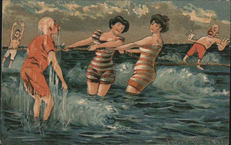 Humorous Beach Scene, People in Striped Swimsuits Struggling in Waves