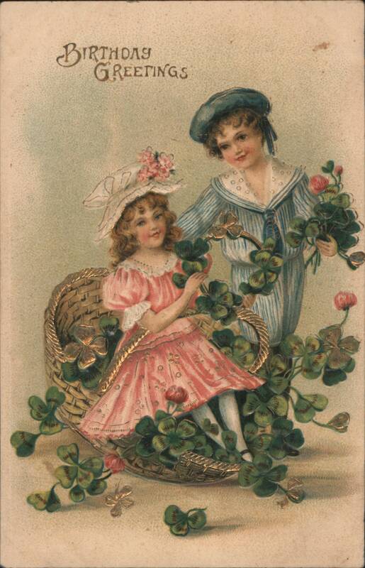Birthday Greetings with Children, Girl in Basket, Boy in Sailor Suit, Clovers