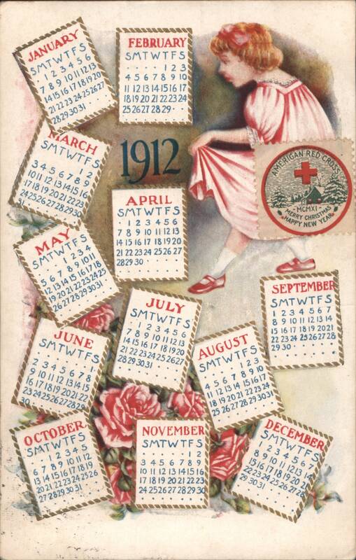 1912 Calendar with Girl, Red Cross Stamp, and Roses