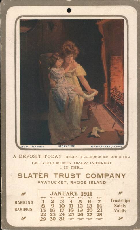 Slater Trust Company, Woman & Child by Fireplace, January 1911 Calendar Pawtucket Rhode Island