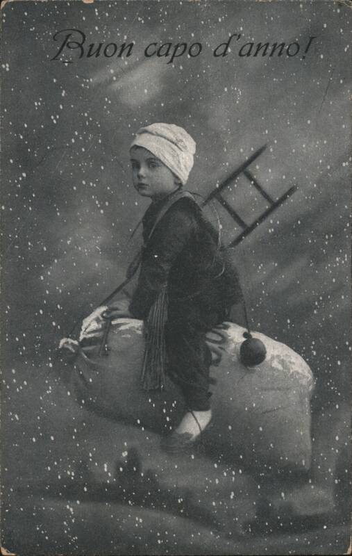 Buon capo d'anno! Child Chimney Sweep with Ladder in Snow