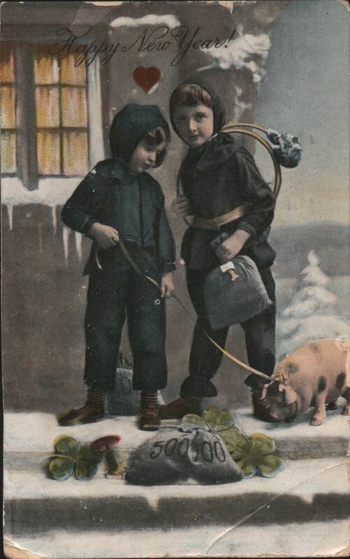 Happy New Year Children with Pig and Chimney Sweep