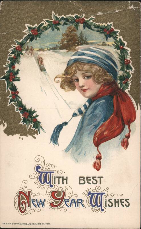 Girl in Winter Hat & Scarf, Sledders, New Year Wishes