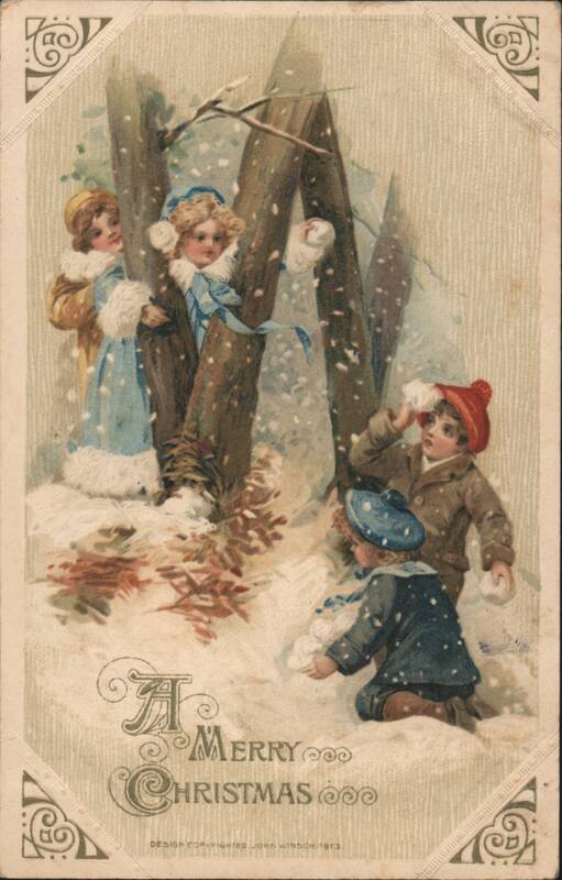 Children Playing in Snow, A Merry Christmas Greeting, John Winsch 1913
