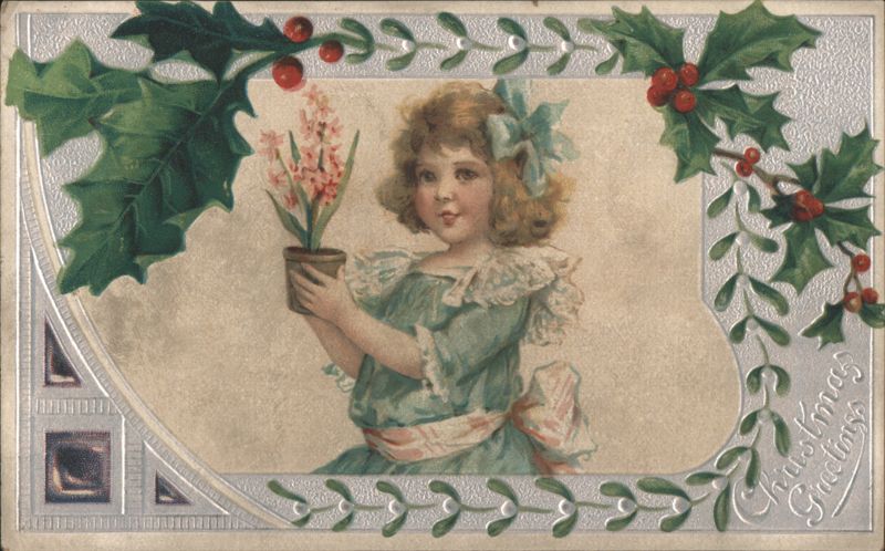 Christmas Greetings Girl with Hyacinth Flower and Holly
