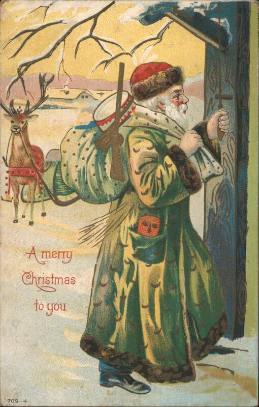 Santa Claus at Door with Reindeer in Snow, Merry Christmas Greeting