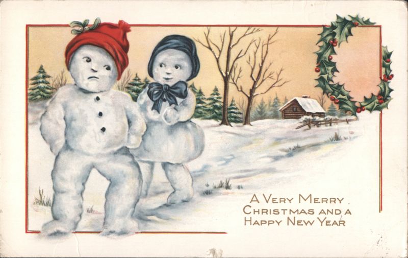 Snowmen in Winter Landscape with Christmas & New Year Greeting