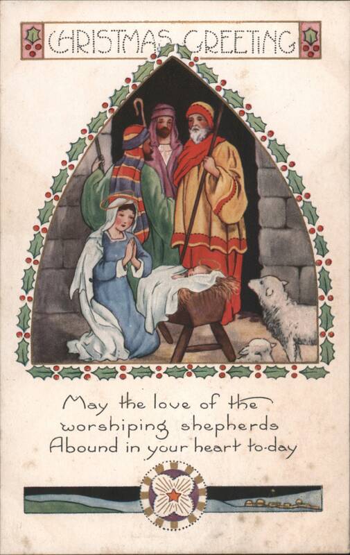 Nativity Scene with Mary, Jesus, Shepherds & Sheep, Christmas Greeting
