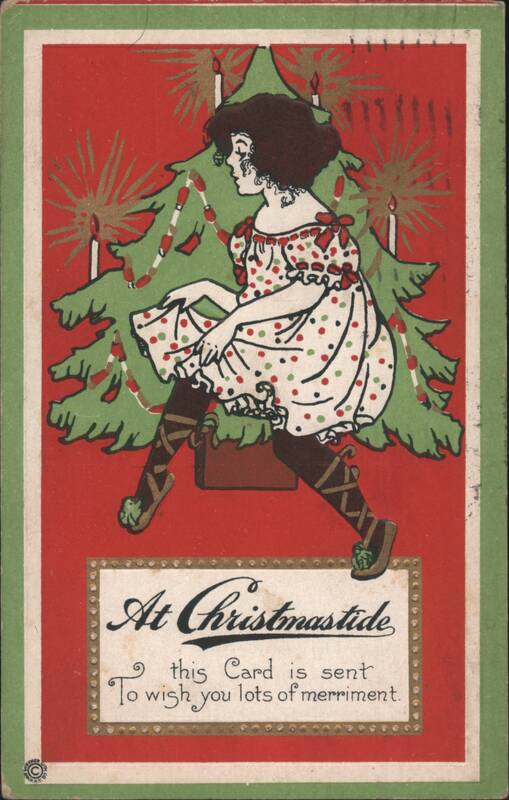 Girl in Polka Dot Dress by Christmas Tree, At Christmastide
