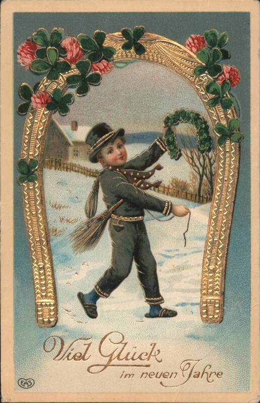 New Year's Greeting: Boy Chimney Sweep with Horseshoe and Clover in Snow
