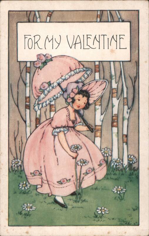 Girl in Pink Dress with Parasol & Flowers, For My Valentine