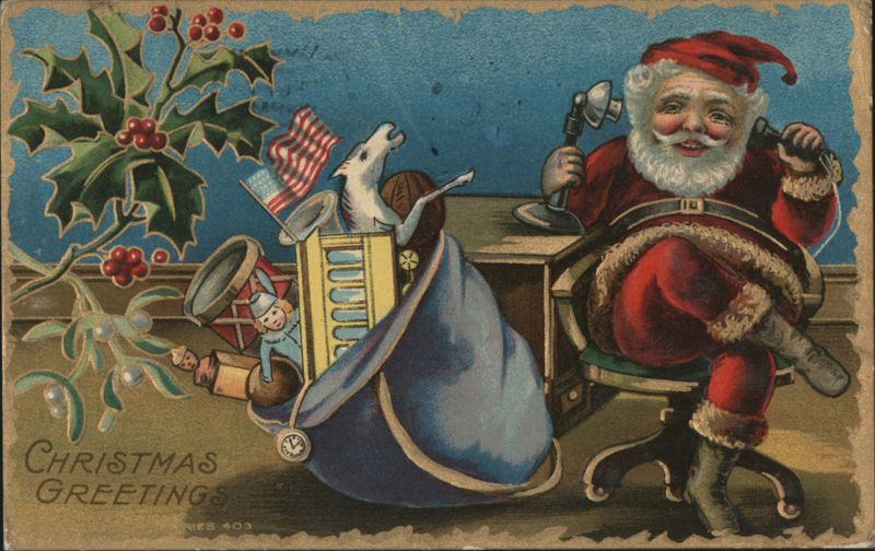 Santa Claus on Telephone with Toys & Holly, Christmas Greetings