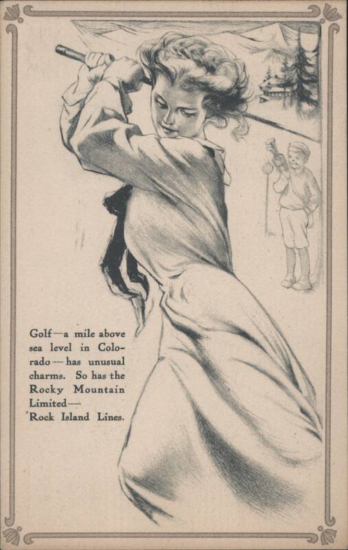 Woman Golfer, Rocky Mountain Limited, Rock Island Lines Advertising Colorado