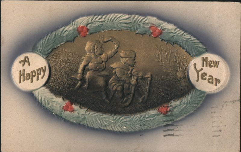 A Happy New Year Embossed Greeting, Allegorical Figures, Holly Wreath