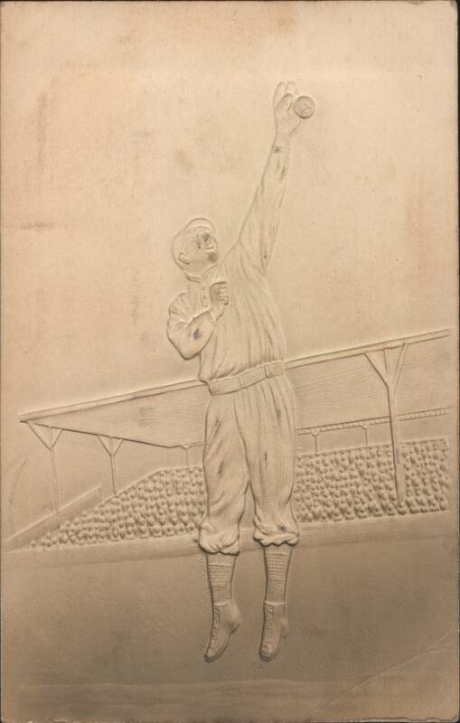Embossed Baseball Player Leaping to Catch Ball at Stadium