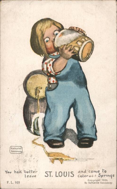 Child Drinking from Stein, Alligator Drinks from Leaking Barrel, Colorado Springs Ad