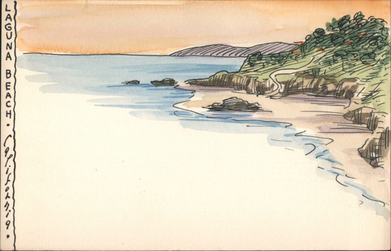 Laguna Beach Coastal Scene, Hand Drawn California