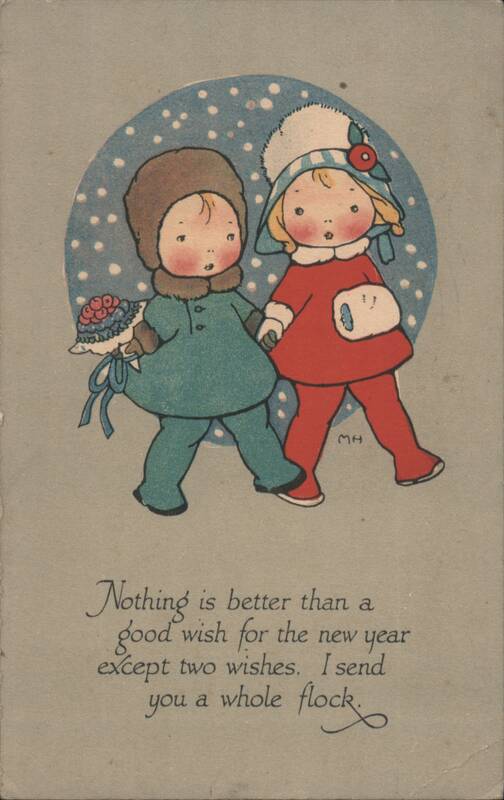 Two Children Holding Hands, New Year's Greeting with Snowflakes