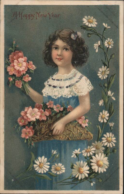Young Girl with Basket of Pink Flowers and 'A Happy New Year' Greeting