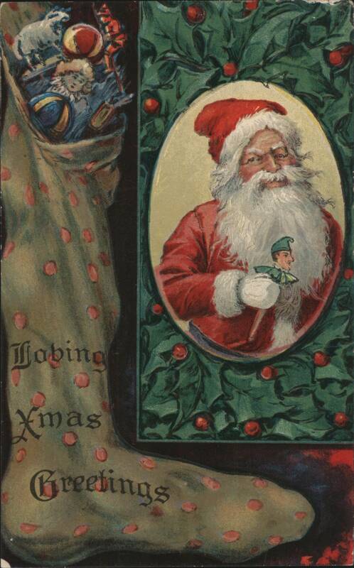 Santa Claus with Elf and Stocking Filled with Toys, Loving Xmas Greetings