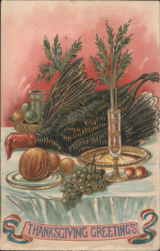 Thanksgiving Greetings Still Life with Turkey, Fruit, and Greenery