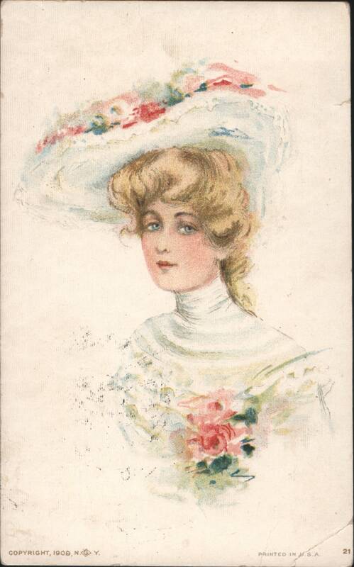 Woman in Large White Hat with Pink Roses, 1909 Illustration
