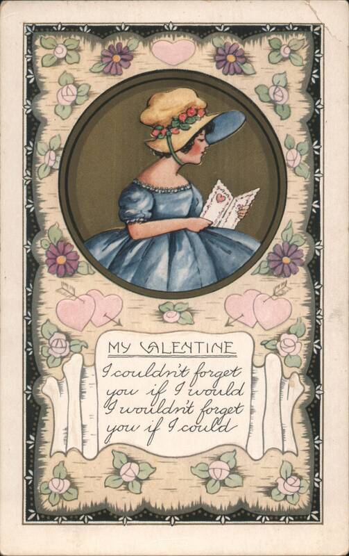 Valentine's Day Woman in Blue Dress Reading Book with Hearts and Flowers