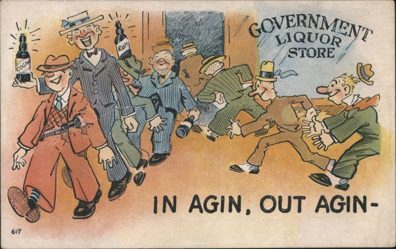 Men leaving Government Liquor Store, 'In Agin, Out Agin'