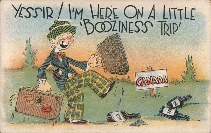Comic Drunk Man on 'Booziness Trip' to Canada with Rye and Gin Bottles